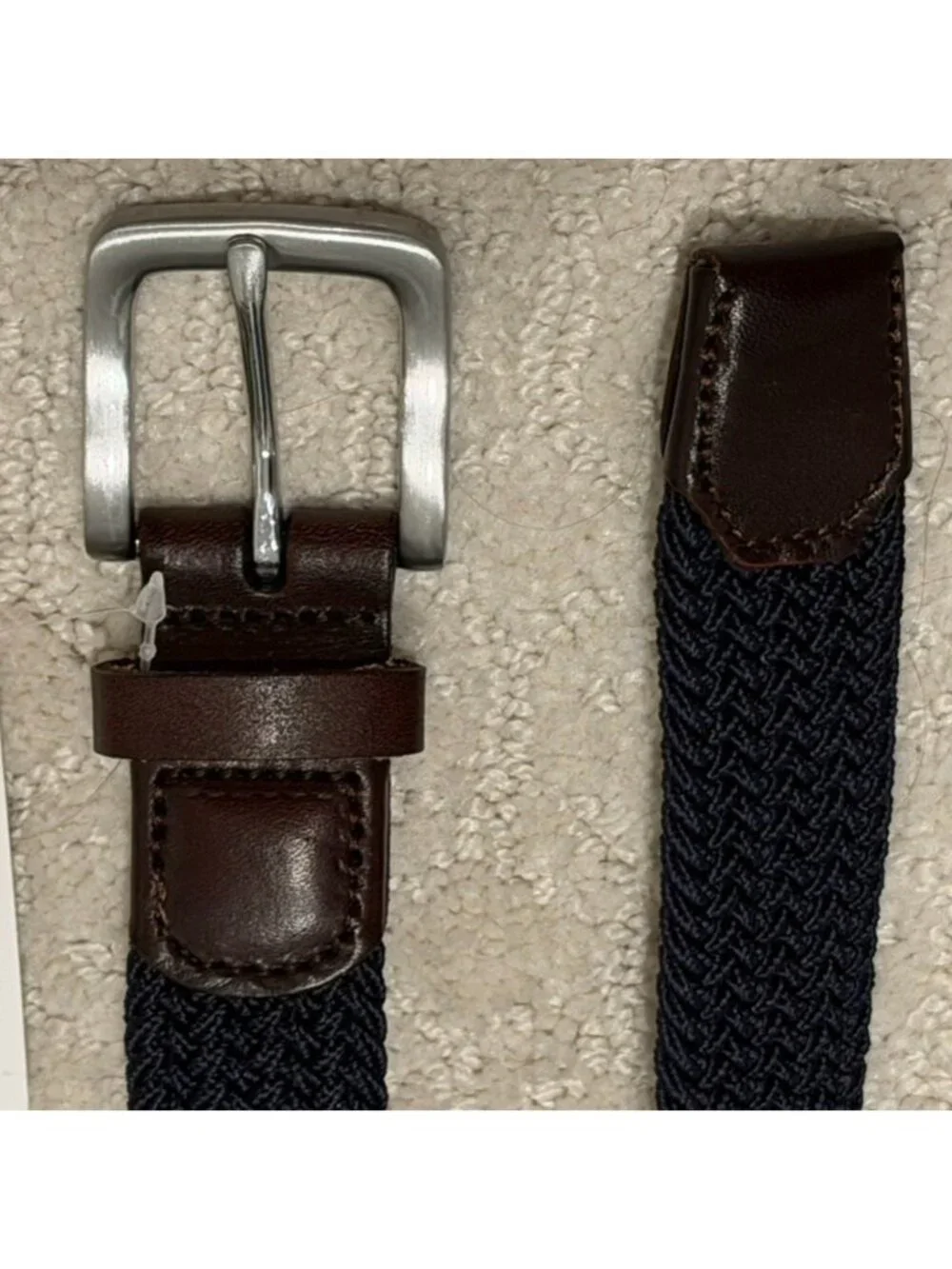 J Crew Factory Men’s Navy Blue Woven Belt Size L Large with leather ends